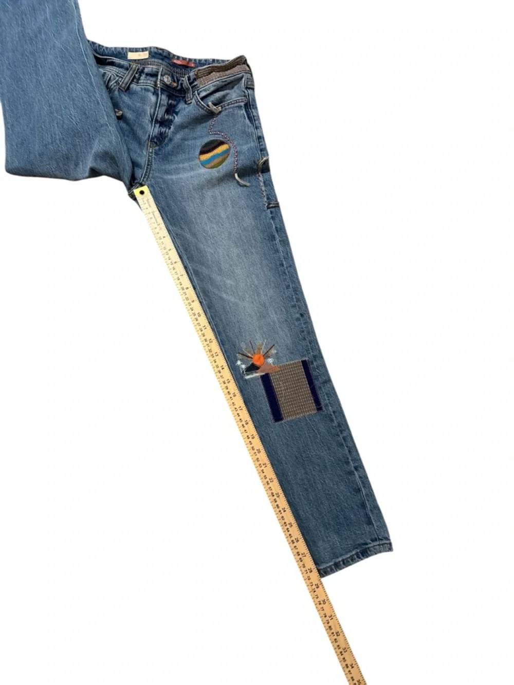 Pilcro Anthropologie Women’s Blue Patchwork Straight-Leg Boyfriend Jeans size 26 - Picture 13 of 14